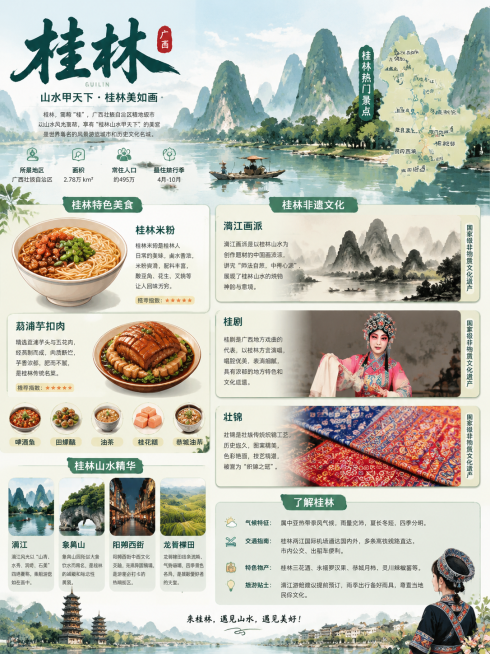 广西桂林特色信息图形设计图，展示桂林特色美食如桂林米粉、荔浦芋扣肉，非遗内容如漓江画派、桂剧、壮锦，界面内容充盈，信息丰富可视化，设计精美，配色清新自然预览效果