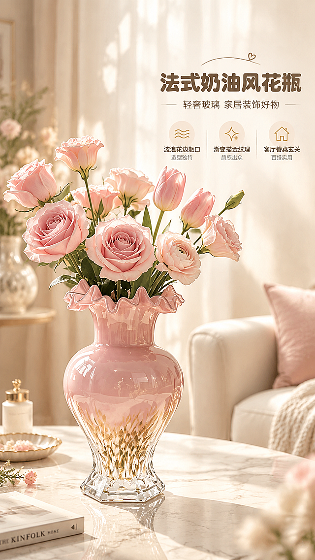 [商品] 使用【图1】粉色波浪花边玻璃花瓶；保留花瓶结构：波浪褶皱花边瓶口、圆润瓶身、渐变描金纹理、透明六角底座、粉色玻璃材质、整体造型比例不变；商品处理：增强玻璃通透质感和光泽，瓶身颜色均匀，描金纹理清晰，不改变原有结构和造型。
[画面] 页面目标：氛围头图，突出法式奶油风高颜值花瓶，第一时间抓住眼球；构图：居中偏左产品大图，右侧留白放文案，产品占画面约60%；摆放角度：正面微侧45度；景别：中景；阅读动线：从右上标题到左下产品；前中后景：前景白色大理石桌面，中景粉色花瓶插满粉玫瑰，后景暖白窗帘+柔和阳光光斑；场景：温馨奶油风客厅角落，午后阳光斜射，营造治愈氛围感。
[视觉] 套系策略：风格=温馨奶油风轻奢家居商业摄影；标题字=圆润粗黑体；正文字=简洁无衬线体；主色=奶粉色+米白色；背景延展=基于奶粉色和米白做深浅层级、同色渐变和细腻墙面/织物质感；强调色=暖金色，仅用于小面积图标、引线和标签；标题色=深奶茶棕；正文色=中暖灰；组件=圆角浅底信息卡、细线引线、圆点装饰；光影=左前侧暖柔光，窗边自然光感，柔和阴影。
[文字] 右上区域放主标题、副标题和3个核心卖点，不遮挡花瓶主体和瓶口花边；主标题：法式奶油风花瓶；副标题：轻奢玻璃 家居装饰好物；卖点1：波浪花边瓶口 造型独特；卖点2：渐变描金纹理 质感出众；卖点3：客厅餐桌玄关 百搭实用；文字横向排版，字号保证手机端清晰可读。
[规格] 图片比例9:16竖版，4K分辨率，避免变形、错字、文字过小、冷蓝背景、花瓶颜色改变、结构失真。