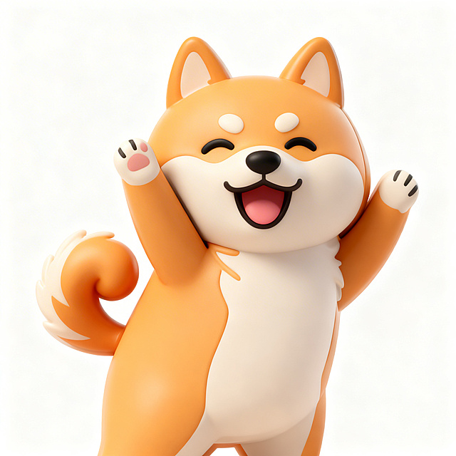基于这张开心柴犬表情包，生成可爱的3D潮玩IP形象，保留柴犬橙白配色、开心挥手的活泼特征，Q版可爱风格，立体质感