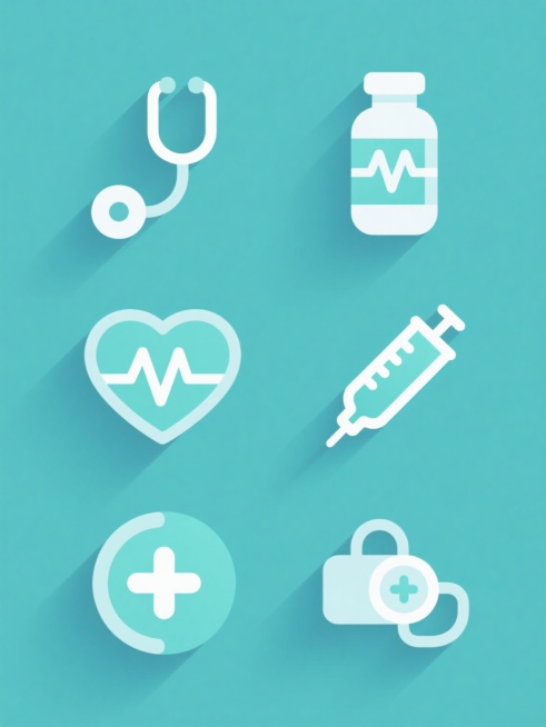 一组6个完全不同医疗健康类目的图标集合，保持统一的简约扁平风格，每个图标都有清晰的线条轮廓、简洁的色块填充和轻微的渐变阴影效果，整体画面色彩变换为清新的蓝绿色调，所有图标规整地排布在纯色背景上，类目分别为：听诊器、药瓶、心电图、手术刀、注射器、血压计。预览效果
