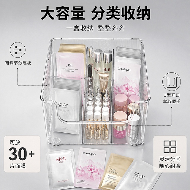 [主图-2] 透明面膜收纳盒容量与分类结构展示图
[氛围风格] 简洁整洁现代家居风，突出收纳容量与分类逻辑
[画质] 商业摄影质感，光线柔和通透，产品清晰真实，画面干净高级，超高清细节
[元素] 透明PET面膜收纳盒正面视角，放置在浅灰色台面上，盒盖打开，内部装满各种面膜、精华小样、眼霜等护肤品，整齐分区排列，展示大容量。中间有可调节透明分隔板将空间分为三格，每格放置不同类型的护肤品。旁边散落几片面膜作为参照物，展示收纳能力。保持产品外观（即物理结构、材质质感、颜色、形状）与输入产品图一致，杜绝任何变形和色差，精细化处理。商品主体占比约65%，画面满屏无边框。背景为浅灰色渐变，简洁干净。
[光影] 均匀柔和的顶光+前侧补光，透明盒体通透有光泽，内部物品清晰可见，底部有柔和投影，整体明亮干净
[配色] 主色浅灰+白色，辅色透明清透感，强调色浅粉（护肤品点缀）
[视角构图] 正面微俯视视角，产品居中，景深较浅，背景虚化突出主体
[文字版式] 顶部居中大字标题"大容量 分类收纳"，黑色粗体无衬线。标题下方小字"一盒收纳 整整齐齐"，深灰色。左侧用引线标注"可调节分隔板"，配小图标。右侧用引线标注"U型开口 拿取顺手"，配小图标。底部左右两个圆角信息卡：左卡"可放30+片面膜"数字大号加粗，右卡"灵活分区 随心组合"。文字全部放在负空间，不遮挡产品主体
[输出要求] 1:1比例，文字清晰锐利可辨，超高清商业摄影质感
[负向提示词] 变形，文字错乱，产品图模糊，背景杂乱，水印，电商平台Logo，多余的手，多余的手指，畸形手，融合手指，手部扭曲，肢体穿模，人物面部扭曲，关节反折