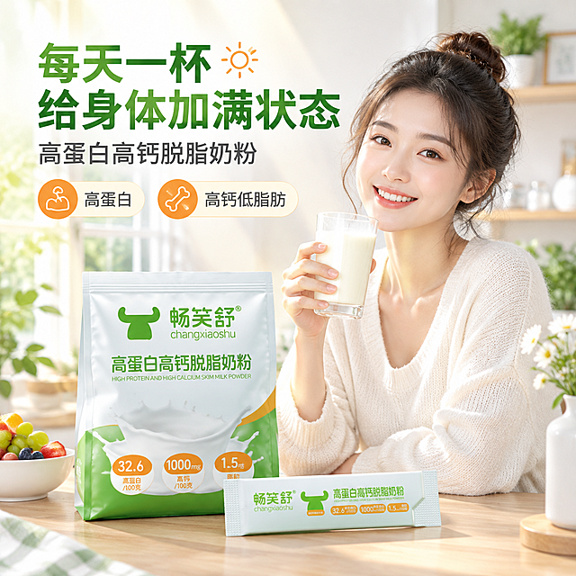 [商品] 使用【图1】畅笑舒高蛋白高钙脱脂奶粉大袋装；保留绿色牛头logo、畅笑舒®、品名和营养徽章；产品与模特同框展示。
[画面] 目标：生活方式场景，亚洲女性模特展示产品；1:1方形构图，模特生活方式型，年轻亚洲女性在温馨明亮的居家厨房中，微笑着手持一杯冲好的牛奶，身旁桌上放着产品大袋装和独立小条；清晨阳光从窗户照入；产品占画面约30%；前景桌面、中景模特与产品、后景虚化居家环境；≥3层视觉层次。
[视觉] 套系策略：风格=简洁专业商业棚拍风，参考1号店脱脂牛奶粉详情页；标题字=现代无衬线粗体；正文字=简洁无衬线体；主色=纯净白+品牌绿；背景延展=白色为主、浅绿白渐变、大面积干净留白；强调色=活力橙，仅用于营养徽章、图标和引线；标题色=深品牌绿；正文色=中暖灰；组件=圆角浅底信息卡、橙色圆形徽章、细线引线、数据标签；光影=清晨自然暖光+柔和轮廓光。
[文字] 上方主标题每天一杯给身体加满状态，副标题高蛋白高钙脱脂奶粉；下方2个短卖点：高蛋白、高钙低脂肪；文字居上排布，不遮挡模特面部和产品主体；所有文字横向排版。
[规格] 图片比例1:1方形，分辨率2K，避免变形、错字、文字过小、医疗功效承诺、极限词、冷蓝/冷灰背景。