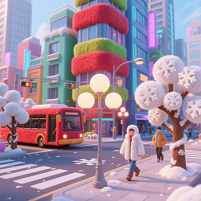 梦幻软3D风城市街景，毛发生长质感建筑与雪球树营造温馨可爱氛围，卡通人物穿梭其间，节日气息浓厚。