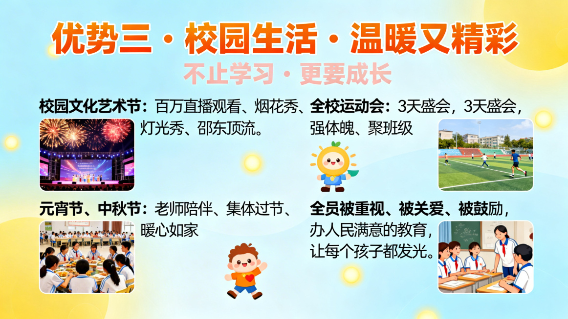 邵东经纬学校高中招生宣讲PPT第12页优势三校园生活，大标题"优势三・校园生活・温暖又精彩"，副标题"不止学习・更要成长"，正文内容"校园文化艺术节：百万直播观看、烟花秀、灯光秀、邵东顶流
全校运动会预览效果