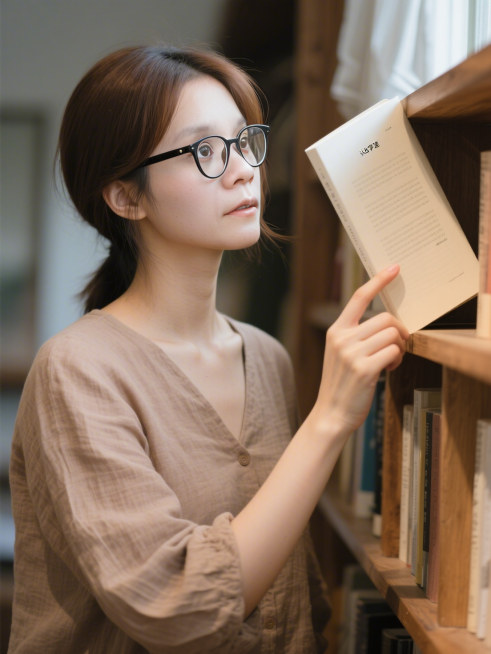 场景创意：初夏午后，社区共享书架前 · 她伸手去拿一本旧诗集，指尖刚触到书脊，却瞥见扉页上熟悉字迹的刹那
镜头定格在年轻女子的面部特写，框定自发际线至锁骨上方。她站在木制书架旁，右手悬停半空，食指距书预览效果