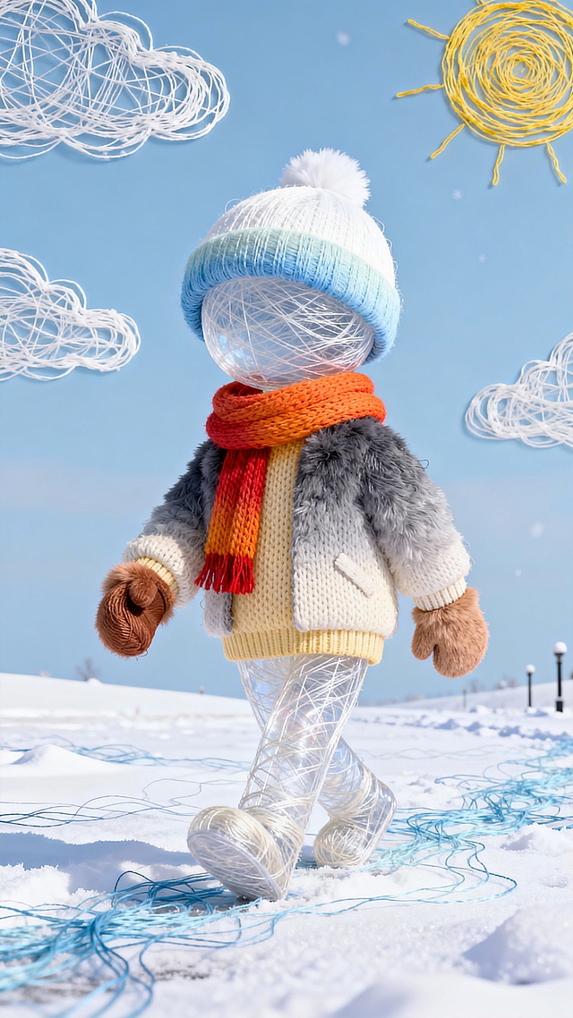 梦幻3D卡通雪人，拟人化毛线造型，毛发生长风与拼贴元素交织，虚拟现实感十足，冬日童话氛围浓厚。