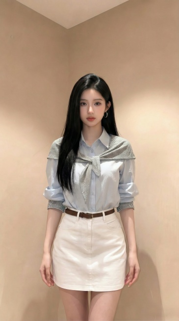 将图一图二的浅蓝色衬衫、条纹披肩、白色半裙穿搭换到图三的人物身上，穿搭完全一致，袖子拉起，人物为半身展示，双手自然下垂，腰细腰臀比优越，模特身材比例，发型自然，衣服有质感，灯光自然，人物姿态自然预览效果