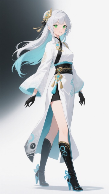 二次元动漫风格角色设计图，白色背景，日本动漫风格，柔和细腻的线条，明亮通透的光影，以白色和浅蓝色为主色调，搭配黑色点缀，角色为银发少女，发尾渐变浅蓝色，发丝柔顺飘逸，头上有金色发饰，绿色眼眸，身着融合现代与传统元素的服饰，白色长袍上有黑色和浅蓝色装饰，腰间有金色配饰和流苏，长袍侧面有开叉，露出腿部，脚穿高筒靴，靴子上有蓝色装饰，角色动作变换为双手自然下垂，身体微微侧转，面带微笑，神情温柔，整体……预览效果