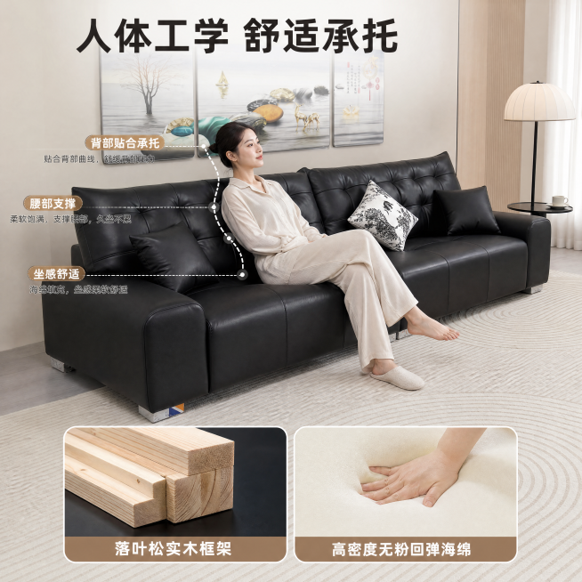 [主图-2] 大黑熊真皮沙发结构功能展示图。保持沙发外观即物理结构、材质质感、颜色与输入产品图绝对一致，杜绝任何变形和色差，精细化处理。氛围风格：温馨现代简约家居风，专业品质展示。画质：商业摄影质感，预览效果