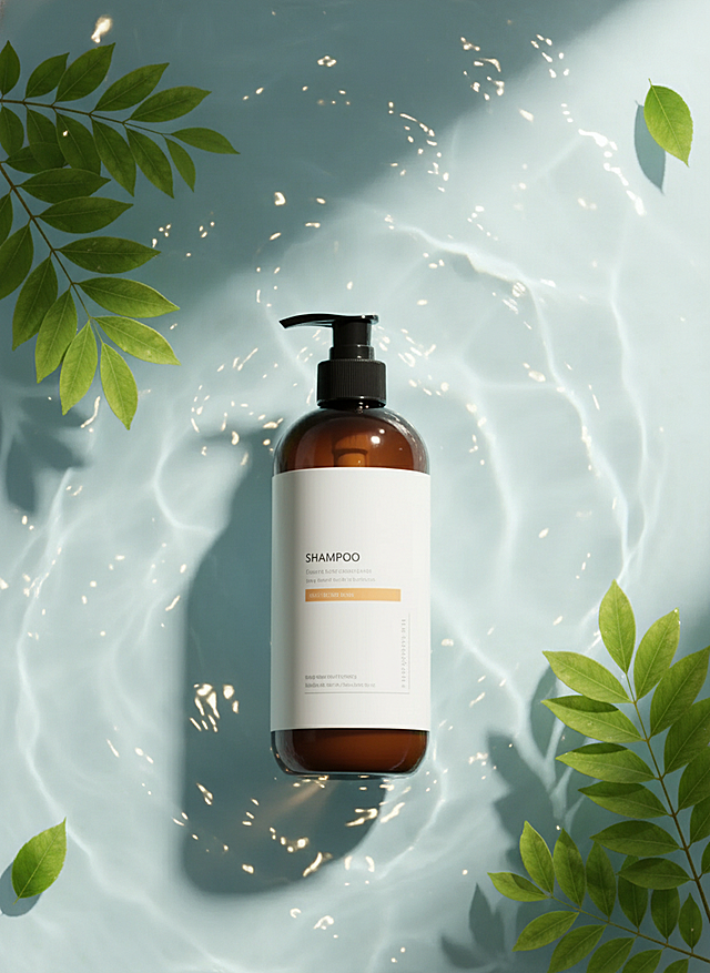 主体泡在波光粼粼、带有闪烁光点的淡蓝色水池里，以俯拍视角呈现，清新、水润的质感，周围有树枝叶子点缀，采用写实的产品摄影风格，适合电商美妆海报。