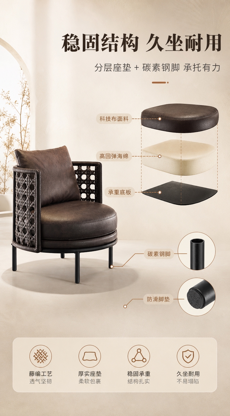 [商品] 使用【图1】深棕色藤编靠背休闲椅；保留藤编靠背、扶手… - 图片创意预览
