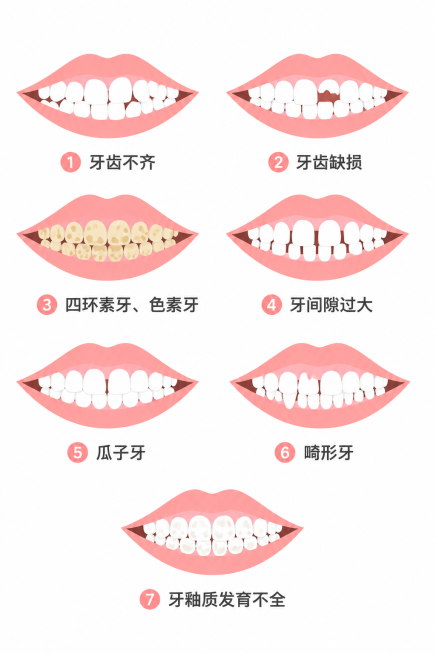 参考图片扁平插画风格，排列展示7种口腔牙科病种，每个病种带嘴唇牙齿示意图和文字标注，7个病种分别是：牙齿不齐，牙齿缺损，四环素牙、色素牙，牙间隙过大，瓜子牙，畸形牙，牙釉质发育不全，整体排版整齐，白色预览效果