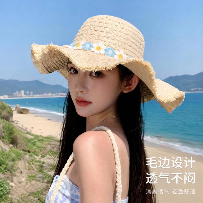 [主图-2] 拉菲小花毛边草编帽45度侧面上头展示，清新夏日沙滩风，自然松弛高级感。商业摄影质感，光线柔和通透，产品清晰真实，画面干净高级。同一位模特，45度侧身展示帽檐弧度和帽深，穿同款浅蓝吊带，背预览效果