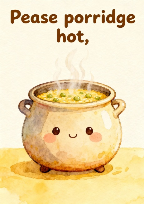 请制作A4竖版儿童卡片 1：
Pease porridge hot,
Pease porridge cold,
Pease porridge in the pot nine days old.
Som预览效果