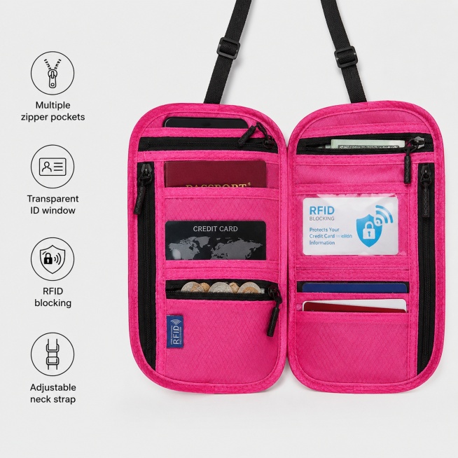 [主图-3] Multi-pocket structure display of fuchsia pink RFID passport neck pouch. Low saturation light预览效果