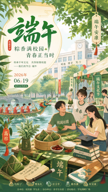 端午节节日主题海报，国潮插画风，明亮清新，大学校园场景融入端午元素，包含粽子、龙舟、艾草，用粽子、竹叶、书卷、学士帽、龙舟桨作为装饰元素，营造青春活力氛围，传统节日与校园结合，主色调竹绿+粽叶青+暖黄预览效果