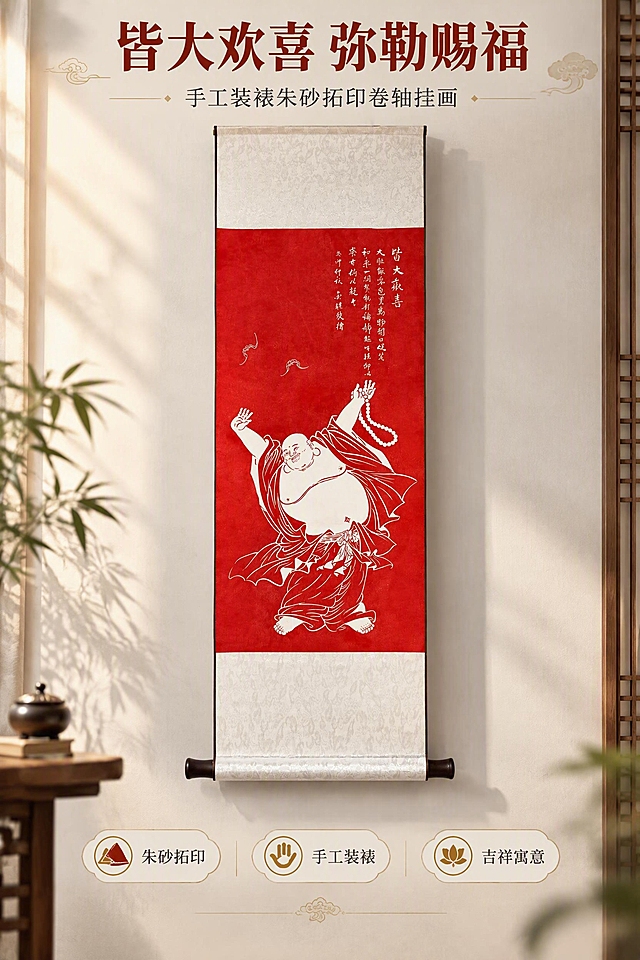 [商品] 使用【图1】弥勒佛皆大欢喜手工装裱卷轴挂画；保留朱砂红底白色拓印弥勒佛图案、卷轴装裱结构、上下锦绫、深色轴头、画芯文字书法、整体比例与材质质感；清晰化画面细节，自然去除悬挂挂钩与两侧相邻挂画干扰。
[画面] 目标：氛围头图，展示产品全貌与吉祥主题。构图：居中竖版悬挂展示，产品占画面约65%，上方留白放主标题，下方留白放副标题与卖点。背景：新中式禅意空间，浅米灰色墙面，柔和侧光打在卷轴上，形成自然光影层次，前景隐约可见木质案几一角。阅读动线：从上至下，先标题后产品。
[视觉] 套系策略：风格=新中式东方禅意高级商业摄影；标题字=宋体书法衬线粗体；正文字=简洁宋体；主色=朱砂红；背景延展=基于米灰、暖白做深浅层级、同色渐变和宣纸/墙面质感；强调色=烫金浅金色，仅用于小面积图标、引线和装饰线条；标题色=深朱砂红；正文色=深暖灰；组件=细线分隔、圆角浅底信息卡、传统纹样点缀；光影=左前侧暖柔光，突出卷轴立体感。
[文字] 上方主标题"皆大欢喜 弥勒赐福"，副标题"手工装裱朱砂拓印卷轴挂画"，下方3个短卖点：朱砂拓印·手工装裱·吉祥寓意；文字全部横向排版，不遮挡弥勒佛主体与画芯核心图案。
[规格] 图片比例2:3竖版，2K，medium质量。避免变形、错字、文字过小、冷蓝背景、颜色改变、结构失真、两侧相邻挂画、挂钩金属件。