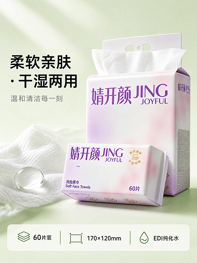 [第1屏] 详情页头图-婧开颜JING JOYFUL洗脸柔巾新品主视觉。[氛围/风格] 清新专业风，浅绿底色#E8F5E9，商业摄影质感，柔和自然光，画面干净通透有信任感。[元素布局] 主体为【图2】包装盒（白紫渐变+紫色品牌名“婧开颜 JING JOYFUL”+金色“柔软亲肤 干湿两用”图标），置于画面右侧中上区，占画面60%；左侧留白区域放置主标题「柔软亲肤 · 干湿两用」黑体大字（字号占宽12%），副标题「温和清洁每一刻」灰色小字；底部横条信息区展示“60片装｜170×120mm｜EDI纯化水”三组参数，字体清晰不遮挡产品。背景为微纹理浅绿渐变，左下角点缀一滴水珠与柔巾纤维特写小图（参考图1风格但不照搬）。[光影质感] 左上方45°主光打亮包装盒高光面，右下方形成柔和阴影，确保“JING JOYFUL”字样与金色图标反光真实；柔巾抽出部分呈现蓬松质感。[配色色系] 全局底色#E8F5E9；主体包装白#FFFFFF+紫#9C27B0+金#FFD700；文字黑#212121+灰#757575。[视角构图] 正面微俯视15°，包装盒略倾斜展现立体感，阅读动线从左标题→右产品→下参数。[文字版式] 左上主标题两行居左，副标题紧随其下；右下角参数三列等距排布；所有文字无描边、无阴影、清晰可辨。[比例分辨率] 宽750px，高1000px，4K分辨率。[负向提示词] 包装文字错乱、颜色偏差（如紫变粉）、柔巾破损、背景杂乱、水印、二维码、婴儿相关字样、医疗宣称。