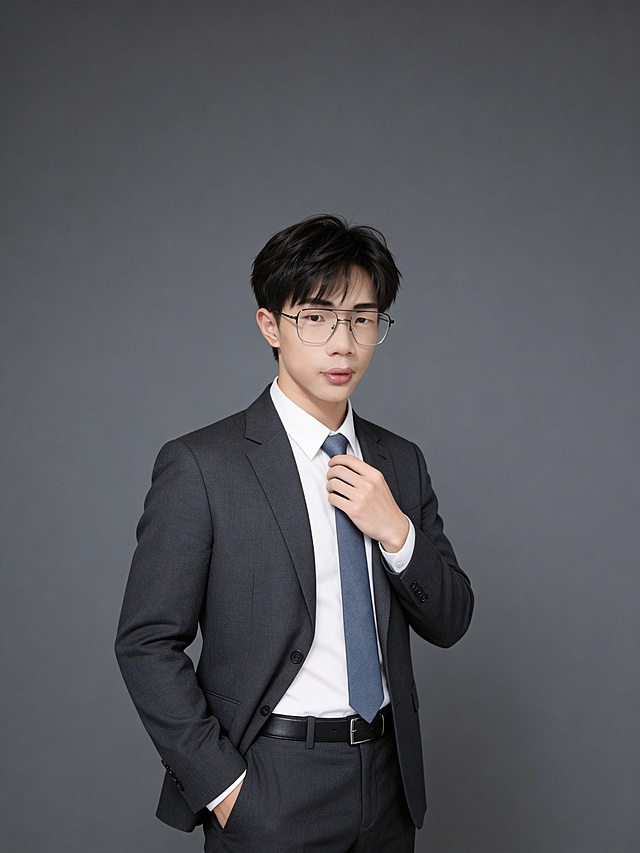 商务感十足的男性肖像，灰色调背景营造性冷淡风，简约主义构图突出人物专业气质，柔和光线增强舒适感，印刷风质感强化视觉层次。