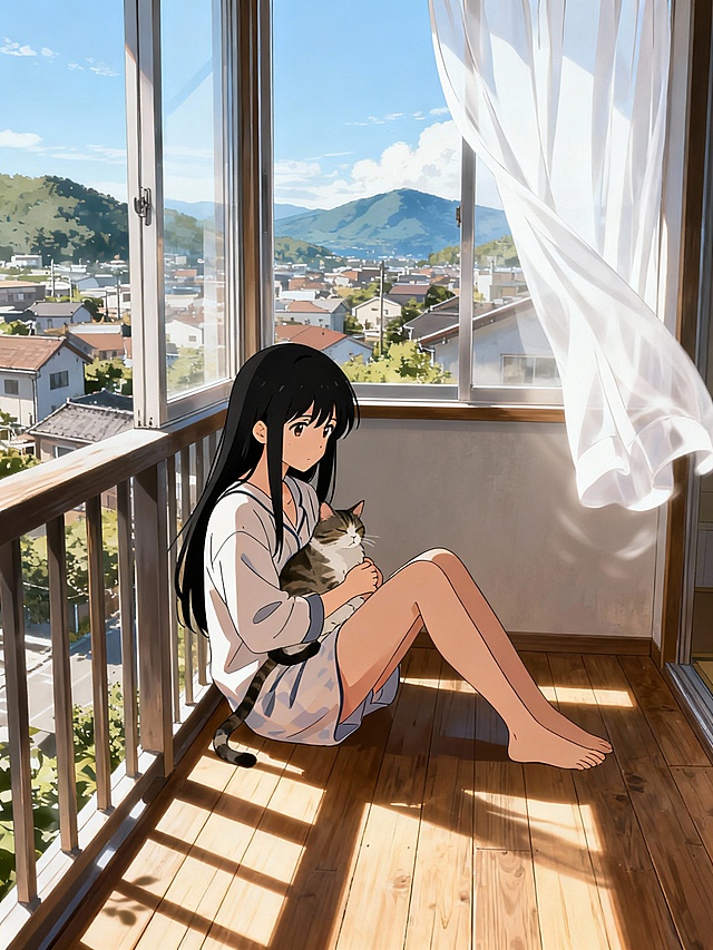 新海诚风格场景，画质精美，光影细腻。黑长直少女穿着居家服，怀抱猫咪，安静地坐在洒满午后阳光的木质阳台地板上。窗外是宁静的城镇和远山，风吹起白色窗帘，整体氛围宁静、治愈，充满空气感。
