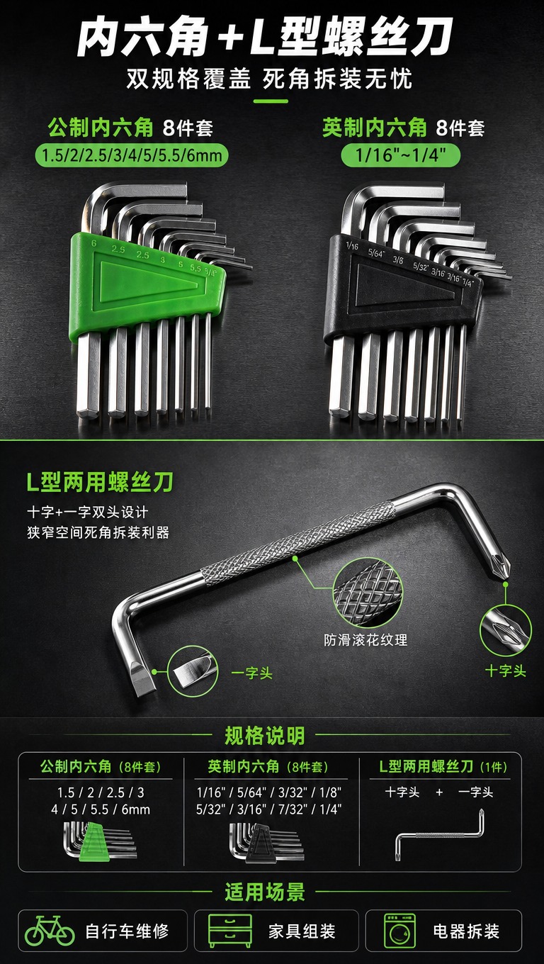 [商品] 使用【图3】内六角扳手套装（公制绿色+英制黑色各8件… - 图片创意预览