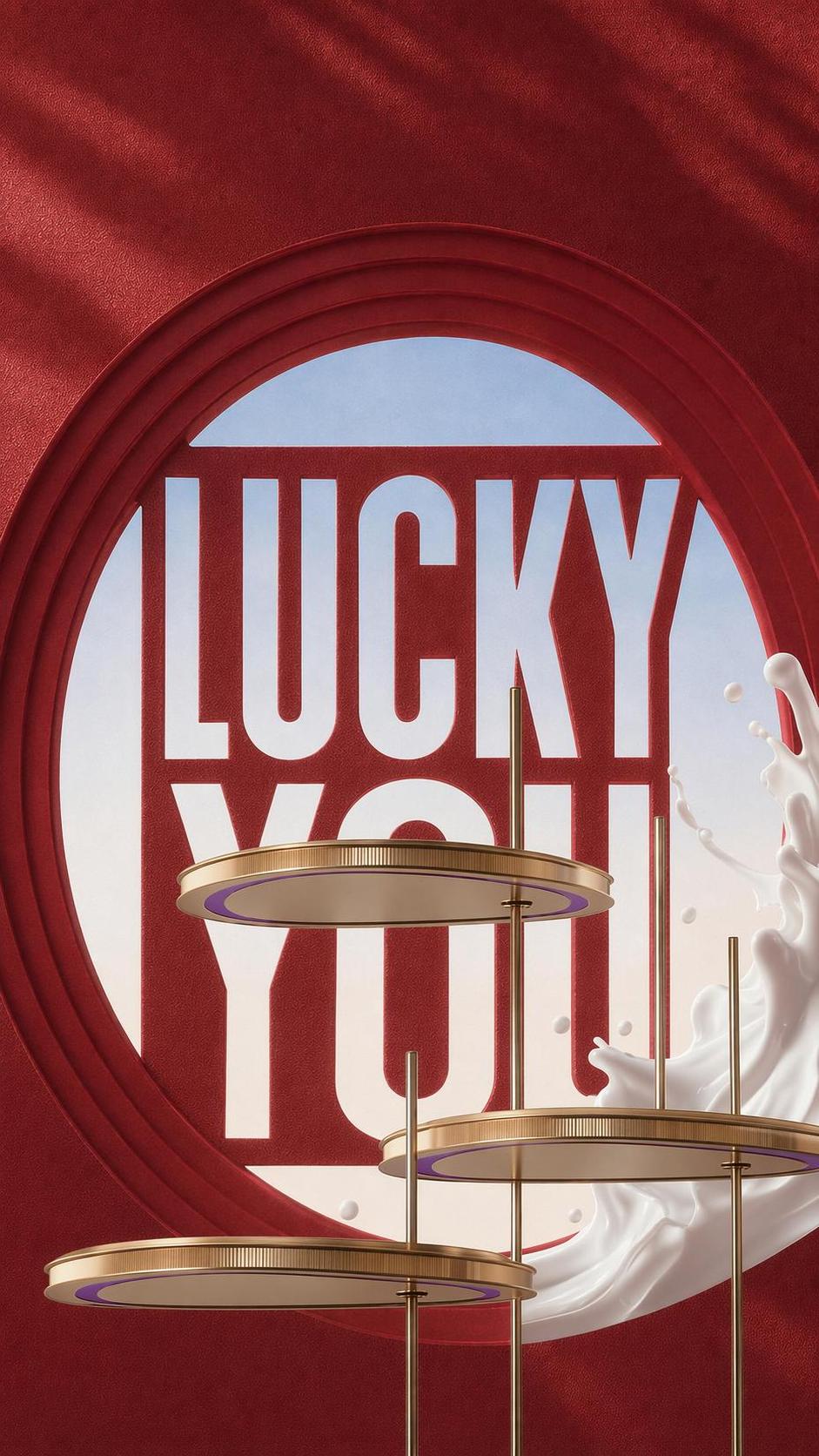 保留整体红色背景、「LUCKY YOU」镂空文字、奶滴效果和金… - 图片创意预览