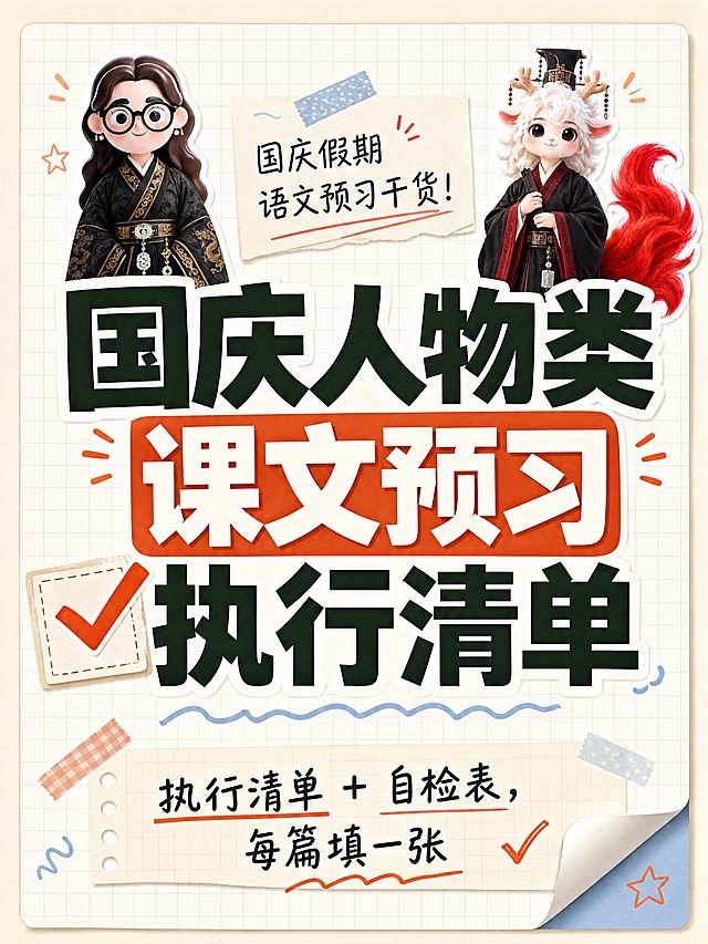 小红书笔记大字封面，配图大字，手账拼贴学习风，版式精美，小红书笔记封面质感，适合信息流点击。主标题必须完整呈现且为画面视觉中心，逐字锁定：「国庆人物类课文预习执行清单」。主标题字号占画面约 50% 视觉权重，清晰可读，不得增删改字。副标题：「执行清单 + 自检表，每篇填一张」。背景：浅米色笔记纸纹理，带淡蓝色细网格线，干净清爽的学习氛围。标题排版：扁平粗黑体，深墨绿色字，关键词加橙红色色块底框高亮，采用配图大字 I15 手账拼贴策略。配图：用户【图1】戴黑框眼镜古风女孩人物抠图置于画面左上角，大小适中不抢标题；用户【图2】白色鹿角红尾古风小兽人物抠图置于画面右上角，与图1对称呼应；两个人物均保留原形象特征。装饰：1 个勾选框 emoji 贴纸置于主标题左下角；另加手绘波浪线、便签纸角、胶带贴纸、对勾符号等手账元素，位置克制不遮挡主标题。整体氛围：国庆假期语文预习、干货满满、小学生友好、自律打卡感。画质：高清细腻，信息层级清晰，主标题与背景强对比，文字完整处于安全区内不可裁切，四周留安全边距。画面比例 3:4，4K。图生图：严格使用用户上传图片，【图1】= 左上角古风女孩配图，【图2】= 右上角古风小兽配图，顺序与上传一致。