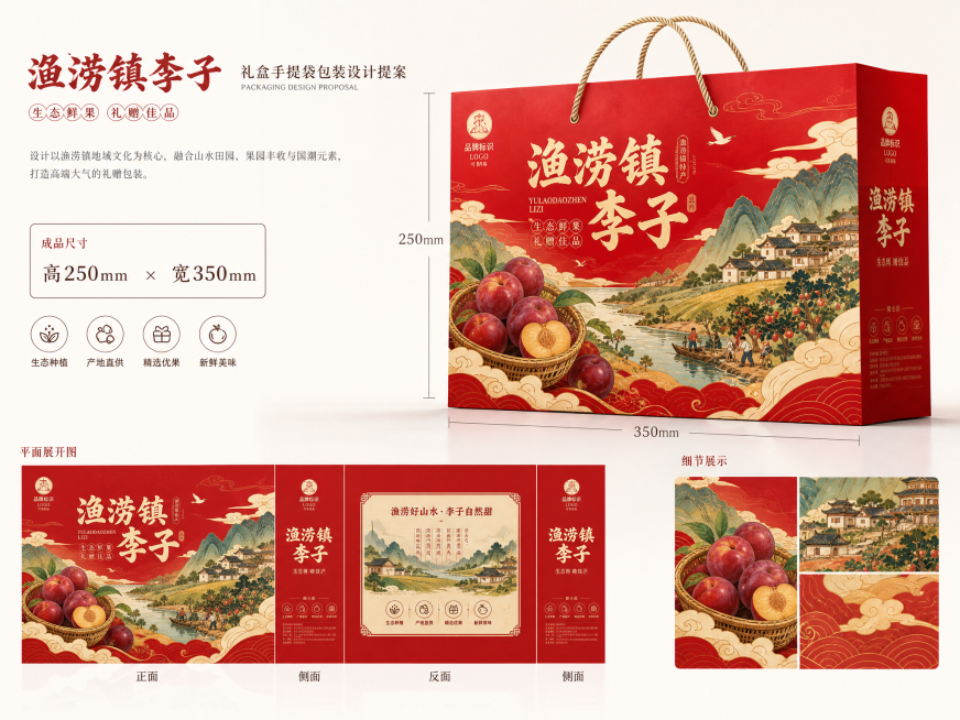 渔涝镇李子礼盒手提袋包装设计，尺寸：高250mm x 宽350mm，采用参考海报的国潮红色插画风格，主视觉突出李子品牌与渔涝镇元素，保留品牌标识，整体大气适合礼品包装预览效果