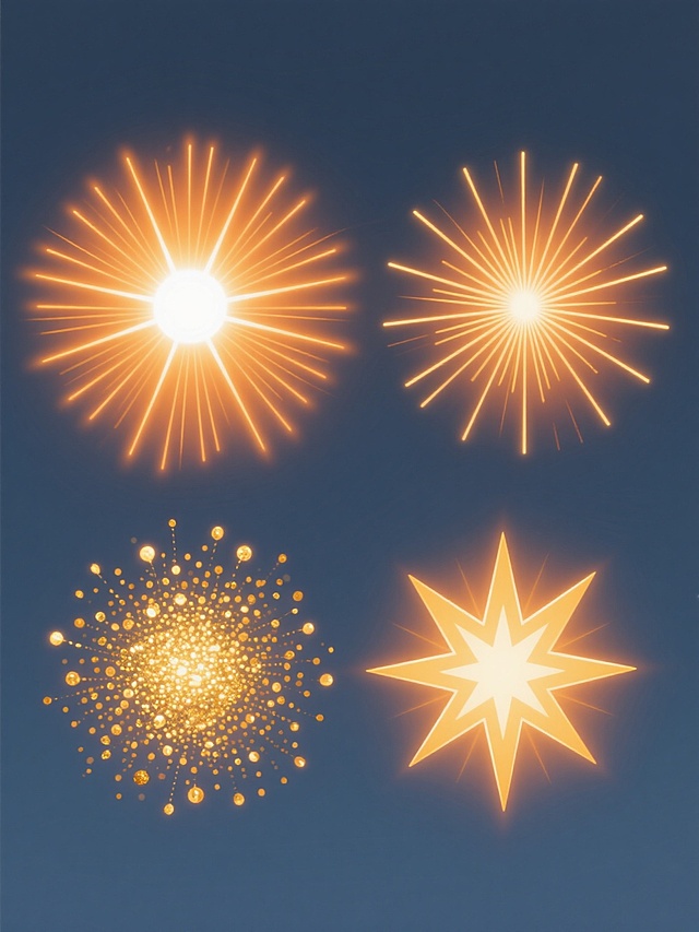 一组四个完全不同造型的放射光元素系列素材集合，均采用数字插画风格，纯色背景，明亮的橙黄色调，中心为耀眼的白色光点，向外辐射出细长的光线，光线带有渐变效果和轻微的模糊感，第一个是密集放射状光线，第二个是疏密有致的放射线条，第三个是带有金色粒子的光芒，第四个是星形放射光，四个元素规整排布，保持统一的光影效果和视觉风格。