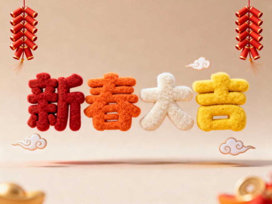 可爱毛绒艺术字 “新春大吉”，单字独立色彩：新（砖红）、春（暖橙）、大（米白）、吉（明黄），周围装饰鞭炮串、祥云小图案，浅咖渐变浅棕背景，正面视角，文字悬空无底座，风格传统大气，适合元旦活动展板。艺术字设计，字体设计预览效果