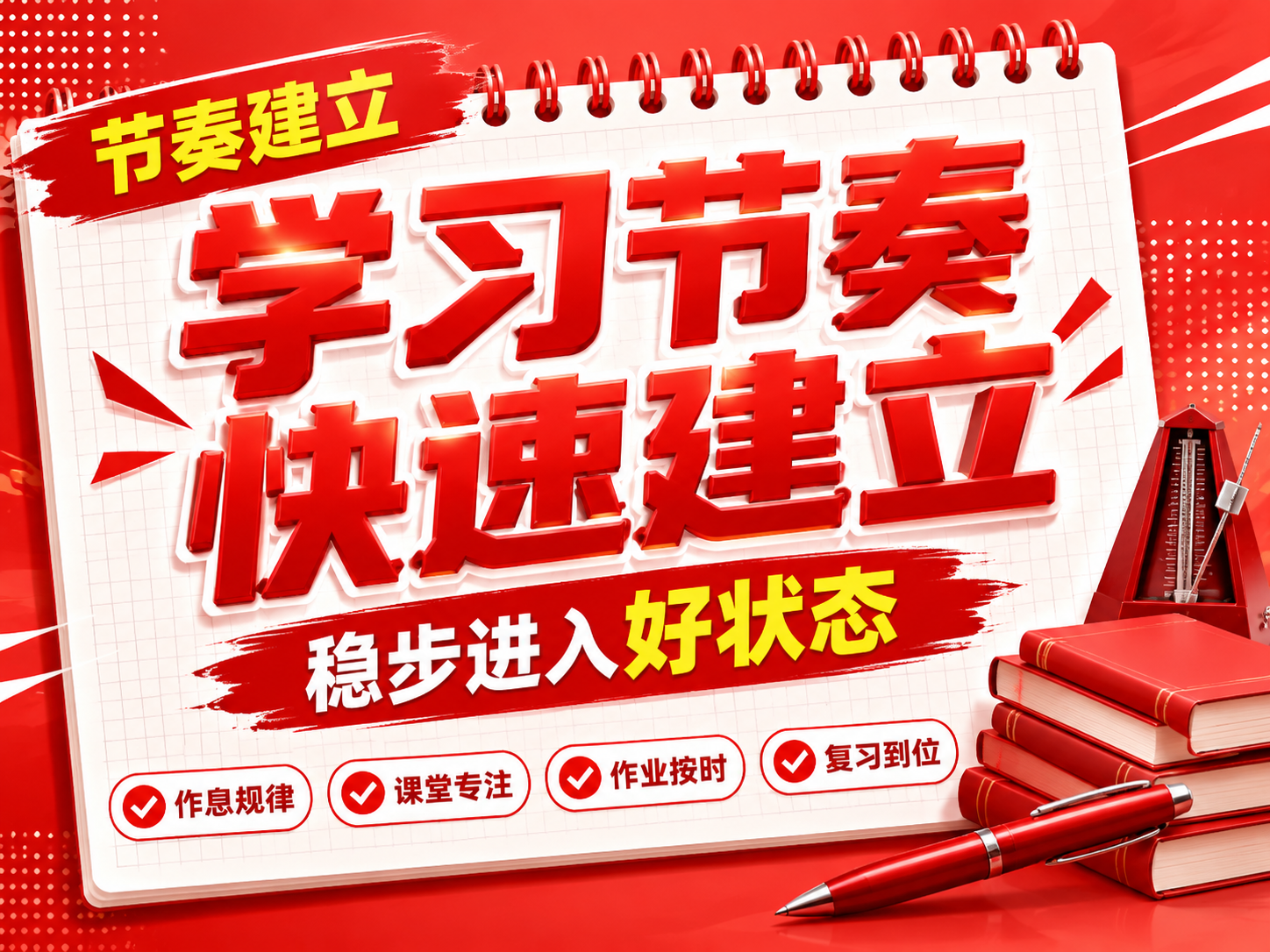 红色商务立体字风格开学季横版海报，红色线圈笔记本构图布局。画面… - 图片创意预览
