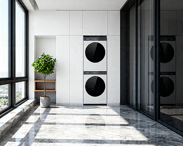A hyper-realistic interior photography of a modern minimalist balcony. The Panasonic washer and dryer stack from the reference image is perfectly embedded into a custom-made seamless white matte cabinet. Clean lines, zero gap between the machines and the cabinet. A small green potted plant sits on the side wooden shelf. Bright natural sunlight streaming through floor-to-ceiling windows, creating soft shadows. High-end marble floor, 8k resolution, cinematic lighting, shot on 35mm lens, f/1.8, photorealistic, architectural digest style.