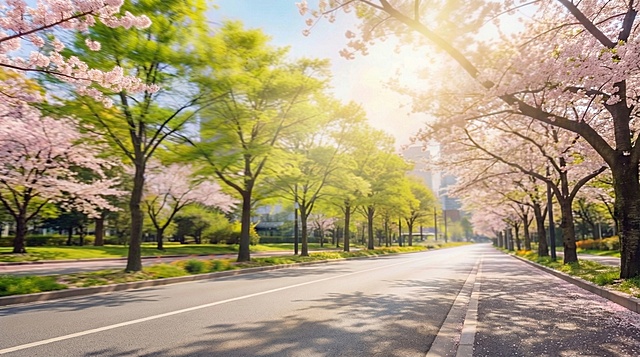 将图片修改为横版构图，保留原图的春日林荫大道风景，樱花和绿树的清新阳光氛围