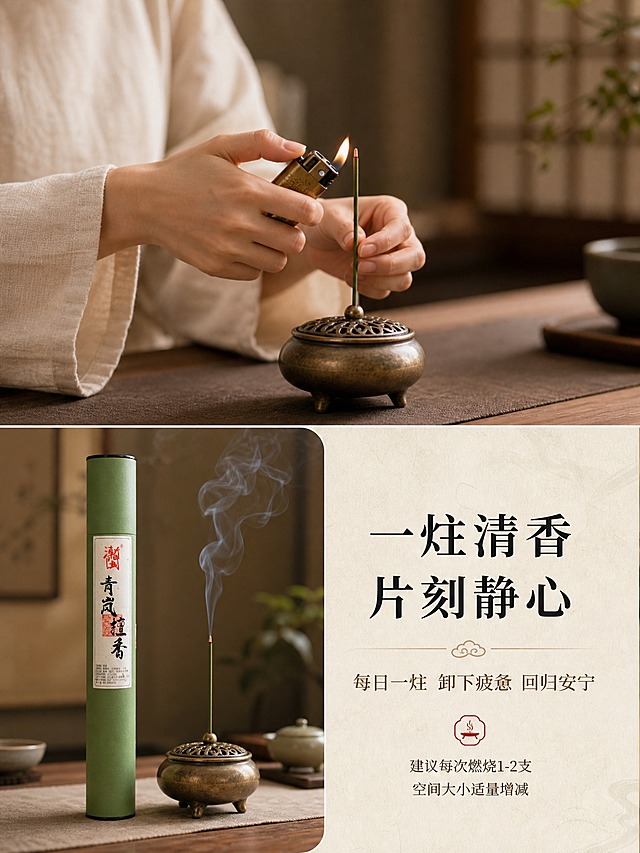 [商品] 使用【图1】青岚檀香绿色圆筒线香；保留绿色纸筒与标签的完整外观；同时展示从筒中抽出线香、插入香炉、点燃的完整使用过程中的关键瞬间。
[画面] 页面目标：使用体验，展示点香动作与静心瞬间。上下分屏+左右组合的复合布局。上半部分：一位身着素色棉麻衣服的东方女性手部特写，正用打火机点燃插在古铜香炉中的线香，手指纤细优雅，动作轻柔，香头刚点燃有微红火光。背景虚化的新中式茶室环境。下半部分左侧：绿色圆筒包装竖直放在茶案上，旁边香炉中香烟袅袅升起，烟雾轻盈缭绕。下半部分右侧：留白区域放文案。整体氛围静谧、专注、有仪式感。人物只出现手部和小臂，不露出面部。
[视觉] 套系策略：风格=新中式禅意东方美学商业摄影；标题字=宋体类衬线粗体；正文字=简洁宋体正文；主色=青绿色+米杏色；背景延展=基于米杏色做深浅层级、宣纸纹理、同色渐变；强调色=朱砂红，仅用于印章、小图标和引线；标题色=深墨色；正文色=暖棕灰色；组件=细描边圆角卡片、线性图标、云纹分隔线；光影=暖调侧光，烟雾通透有层次。
[文字] 右下区域主标题"一炷清香 片刻静心"深墨色大号字；副标题"每日一炷 卸下疲惫 回归安宁"暖棕灰色中号字；下方有两行小字使用建议："建议每次燃烧1-2支 空间大小适量增减"。所有文字横排，不遮挡主体。
[规格] 图片比例3:4竖版，4K，避免变形、错字、文字过小、手部畸形、手指数量异常、面部出现、冷蓝背景、水印、平台Logo。