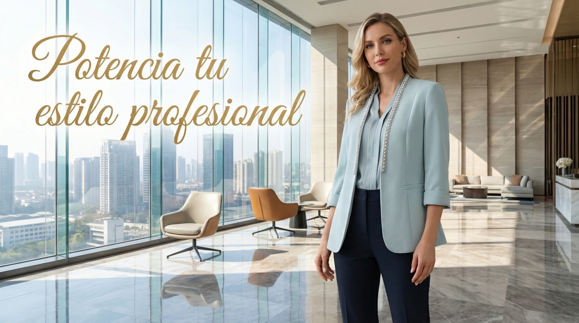 以图中的女士西装外套为元素,欧美女人穿着西装外套,设计4张跟女士西装外套有关的图，比例 「16:9」,语言是西班牙语预览效果