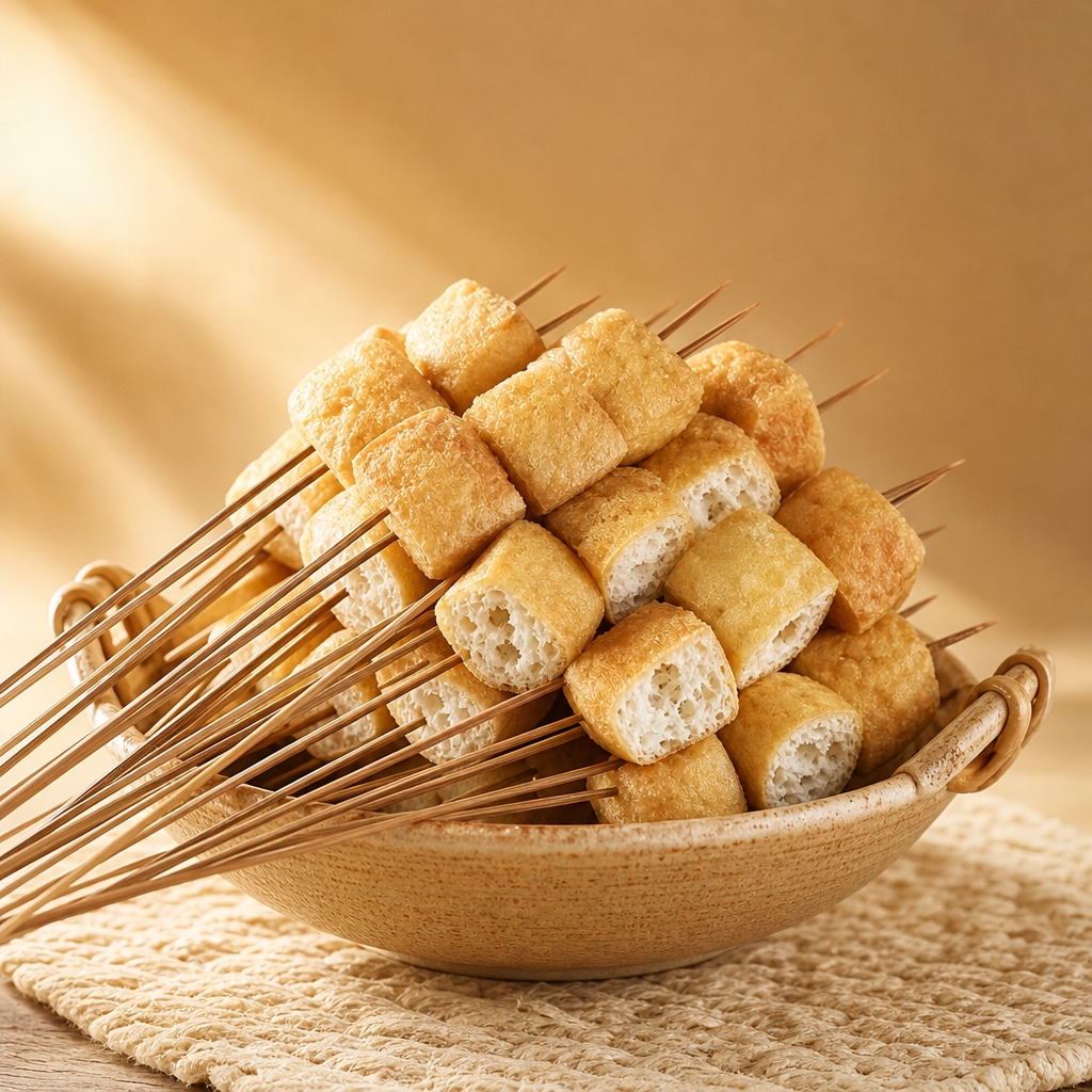 参考暖米色光影背景风格优化炸豆腐泡串：保留金黄色酥脆外皮、内里… - 图片创意预览