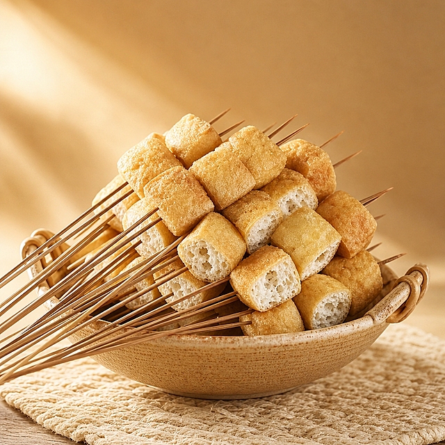 参考暖米色光影背景风格优化炸豆腐泡串：保留金黄色酥脆外皮、内里蓬松多孔、竹签密集堆叠全部菜品元素，去除“豆包AI生成”水印。搭配米色陶土小篮或浅口碗居中盛装，暖米色编织垫或原木桌面背景+暖光侧面照射增强立体感，周围留白，800×800方形，高级质感。