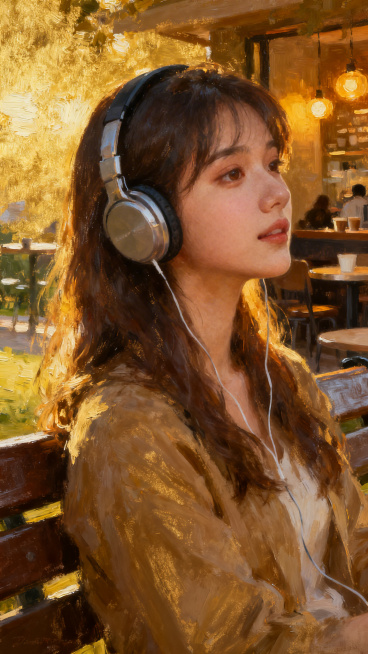 油画风格，真实漂亮女生，戴着耳机听歌，唯美暖光氛围，更换不同人物和场景，保持精致油画质感，画面温馨治愈，尺寸1080*1920预览效果