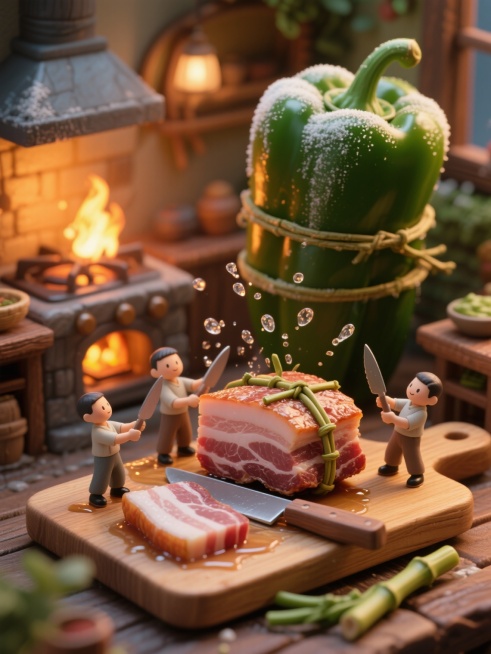 中景平视，正面平视，木质灶台暖光，8K超高清，微缩模型高精度渲染，木质案板上摆放着比小人高5倍的带皮五花肉，3个小人用藤蔓捆住肉块，用打磨过的竹片削出薄如蝉翼的肉片，巨型青椒表面的霜状纹理在火光下泛着预览效果