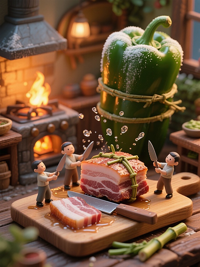 中景平视，正面平视，木质灶台暖光，8K超高清，微缩模型高精度渲染，木质案板上摆放着比小人高5倍的带皮五花肉，3个小人用藤蔓捆住肉块，用打磨过的竹片削出薄如蝉翼的肉片，巨型青椒表面的霜状纹理在火光下泛着光泽，切菜时飞溅的汁液在空气中形成水晶般的液滴