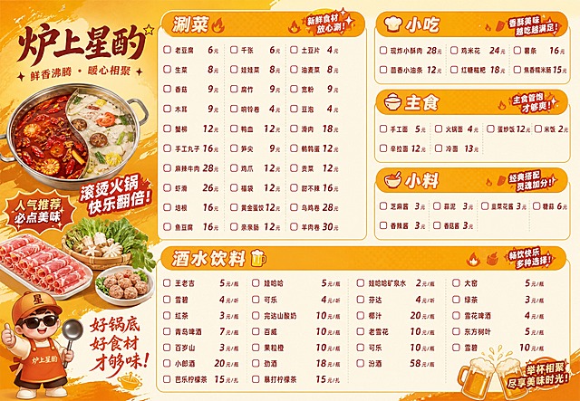 参考图中的菜单版式风格，制作一张火锅店菜单，店名：炉上星酌。整体采用暖橙黄色调，分栏排版，有分类标题栏、菜品名称、价格、勾选框，风格活泼有食欲，和参考图的烤肉菜单视觉风格一致。菜单内容如下：

【涮菜】
老豆腐 6元  千张 6元  土豆片 4元  海带苗 8元
生菜 8元  娃娃菜 8元  油麦菜 8元  小白菜 8元
香菇 9元  腐竹 9元  宽粉 9元  藕片 8元  冬瓜 6元
木耳 9元  响铃卷 4元  豆泡 4元  面筋 4元
蟹柳 12元  鸭血 12元  滑肉 18元  午餐肉 12元
手工丸子 16元  笋尖 9元  鹌鹑蛋 12元
麻辣牛肉 28元  鸡爪 12元  贡菜 12元
虾滑 26元  福袋 12元  甜不辣 16元
培根 16元  黄金蛋饺 12元  乌鸡卷 28元
鱼豆腐 16元  亲亲肠 12元  羊肉卷 30元  千层肚 28元

【小吃】
现炸小酥肉 28元  鸡米花 24元  薯条 16元
茴香小油条 12元  红糖糍粑 18元  焦香糯米肠 15元

【主食】
手工面 5元  火锅面 4元  蛋炒饭 12元  米饭 2元
辛拉面 12元  冷面 13元

【小料】
芝麻酱 3元  蒜泥 3元  韭菜花酱 3元  糖蒜 6元
香辣酱 3元  香菇酱 3元

【酒水饮料】
王老吉 5元/瓶  娃哈哈 5元/瓶  娃哈哈矿泉水 2元/瓶  大窑 5元/瓶
雪碧 4元/听  可乐 4元/听  芬达 4元/听  绿茶 3元/瓶
红茶 3元/瓶  完达山酸奶 10元/瓶  椰汁 20元/瓶  雪花啤酒 4元/瓶
青岛啤酒 7元/瓶  百威 10元/瓶  老雪花 10元/瓶  东方树叶 5元/瓶
百岁山 3元/瓶  果粒橙 10元/瓶  可乐 10元/瓶  雪碧 10元/瓶
小郎酒 20元/瓶  劲酒 18元/瓶  汾酒 58元/瓶
芭乐柠檬茶 15元/扎  暴打柠檬茶 15元/扎

要求：文字清晰可读，排版整齐美观，保留参考图的暖橙黄配色、分类标题栏、勾选框、价格右对齐等版式特征，整体是完整的火锅店菜单海报。