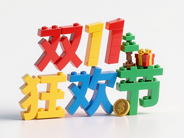 "双11 狂欢节"，乐高积木字体设计，中文艺术字由积木拼接组成，颜色鲜艳丰富（红、黄、蓝、绿），每个字只能有一个颜色，搭配金币、礼盒、小树，背景为白色。高饱和色彩。