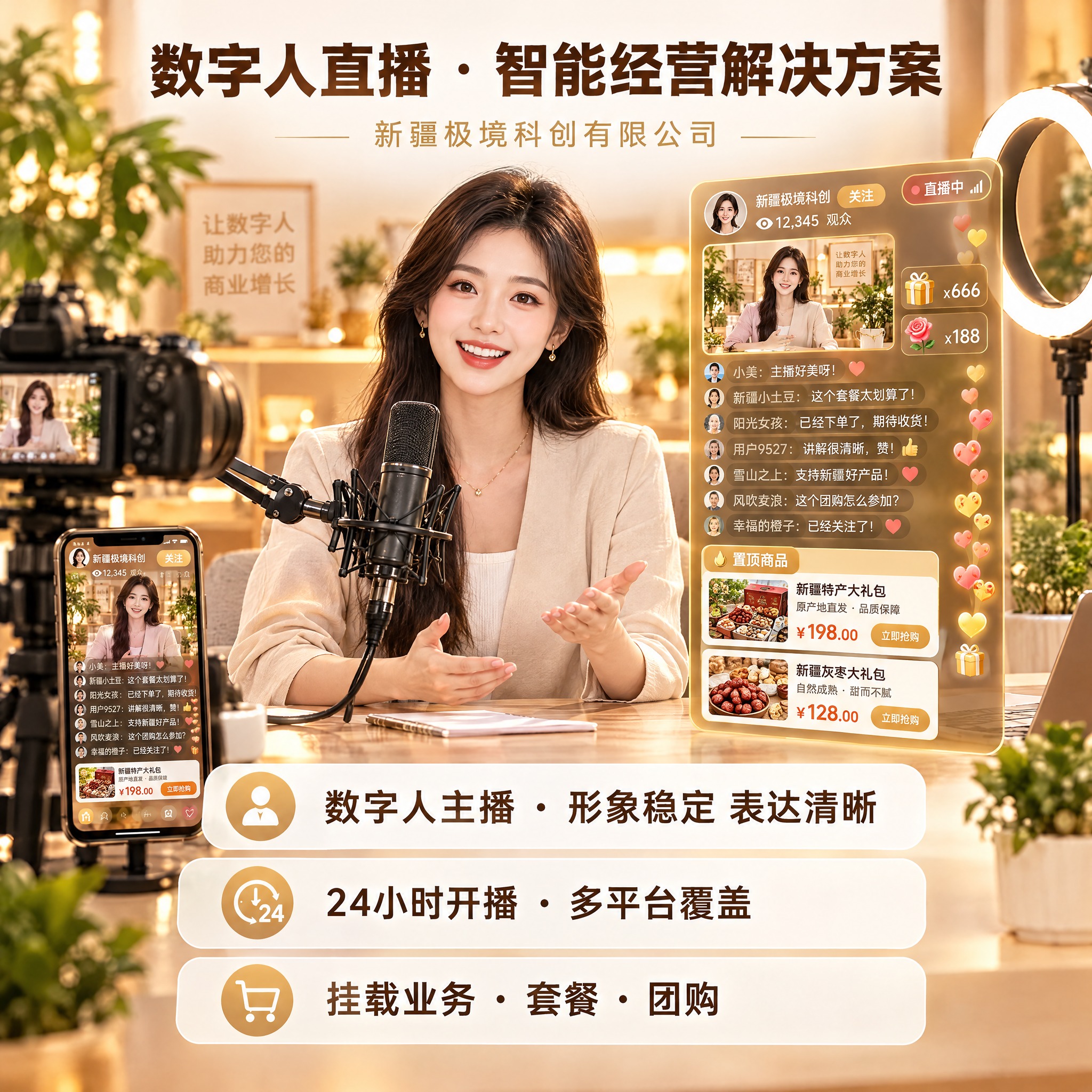 在现有暖色调讲解图基础上修改：1）把机器人换成一位真人主播；2… - 图片创意预览