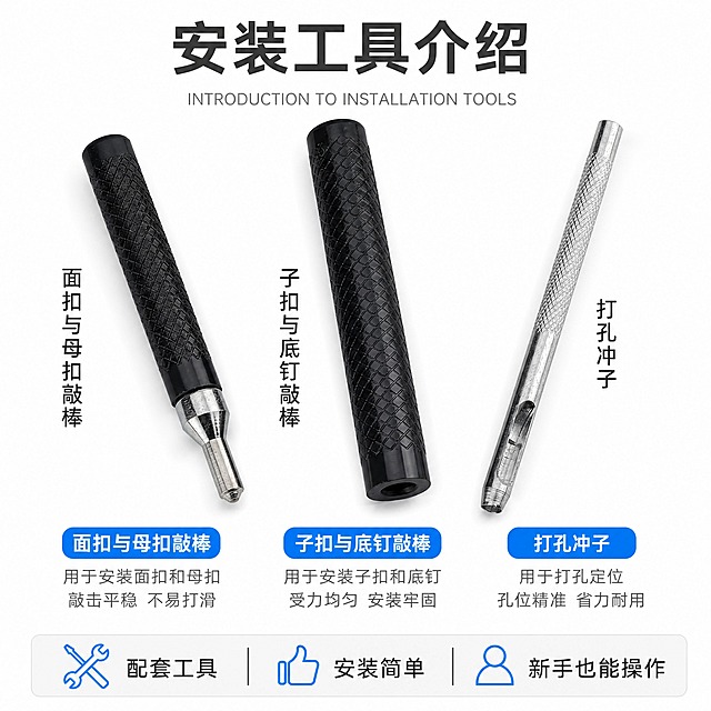[主图-7] 831型金属四合扣 安装工具详细介绍图。
[统一基调] 淘宝五金配件风格 纯白背景 主标题深灰粗黑体 辅助说明灰色细黑体 强调色蓝色 整体清晰专业。
[画面] 画面横向排列三支安装工具 从左到右 面扣与母扣敲棒 子扣与底钉敲棒 打孔冲子 每支工具下方标注名称和用途 工具占画面约60% 45度斜放角度 顶部大标题 安装工具介绍 底部说明 配套工具 安装简单 新手也能操作。
[光影质感] 白底精修图 工具表面纹理清晰 黑色防滑手柄纹理真实 金属部分反光干净 底部轻微阴影。
[配色] 背景纯白色 主标题深灰色 工具名称蓝色 辅助文字灰色。
[文字版式] 顶部居中主标题 安装工具介绍 下方英文小字 INTRODUCTION TO INSTALLATION TOOLS 每支工具旁竖排标注名称 面扣与母扣敲棒 子扣与底钉敲棒 打孔冲子 字体统一黑体。
[输出要求] 1:1正方形 2048x2048 文字清晰 工具细节完整 负向 变形 错字 模糊 杂乱 水印