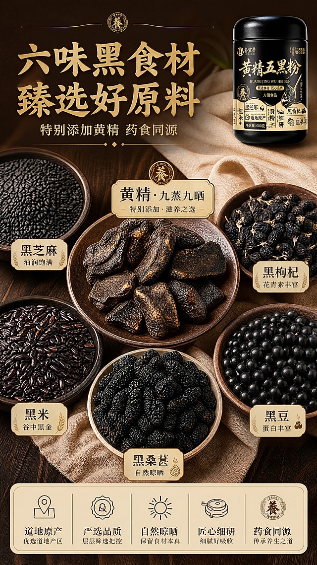 [商品] 本页为成分原料专张，产品罐使用【图1】缩小置于右上角辅助露出；保留罐体外观、颜色、Logo与标签文字。
[画面] 目标：六味黑色食材大尺寸展示，突出原料真实与品质，黄精作为特别添加重点呈现。构图：画面主体为六味原料的微距平铺俯拍，占画面约70%；中央偏上位置放大黄精块特写，周围环绕黑芝麻、黑米、黑豆、黑枸杞、黑桑葚，每种原料颗粒饱满、质感真实；右上角放产品小罐；背景为深棕色木质桌面+暖米杏衬布，层次丰富。
[视觉] 套系策略：风格=新中式养生高级商业摄影；标题字=书法宋体+衬线粗体，有烫金质感；正文字=简洁宋体/无衬线体；主色=暖米杏+深棕黑；背景延展=基于暖米杏做深浅渐变、同色系纸张/麻布质感；强调色=烫金色，仅用于标题、图标、分割线；标题色=深棕黑/烫金；正文色=深棕灰；组件=圆角米白底信息卡、金色细线分割、中式印章/麦穗图标；光影=顶侧暖柔光，原料颗粒有立体感和光泽。
[文字] 顶部主标题"六味黑食材 臻选好原料"，副标题"特别添加黄精 药食同源"；每种原料配名称标签：「黄精·九蒸九晒」「黑芝麻·油润饱满」「黑枸杞·花青素丰富」「黑米·谷中黑金」「黑桑葚·自然晾晒」「黑豆·蛋白丰富」；原料名称大而清晰，全部横排，原料元素单种占比≥15%，主视觉合计≥70%。
[规格] 图片比例9:16竖版，4K，负向提示：避免原料失真、错字、文字过小、冷色调、原料仅小图标点缀、医疗功效承诺。
