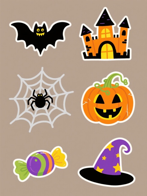 纯色背景上，以规整排布的方式呈现6个同风格同类目的万圣节元素系列素材集合，保持卡通手绘风格，线条简洁流畅，色彩明快鲜艳，整体画面色彩变换为橙黄色调。每个元素独立呈现，细节丰富：1. 蝙蝠：黑色身体，黄色眼睛，翅膀张开带有锯齿边缘，嘴角上扬露出尖牙；2. 城堡：黑色尖顶，橙色墙体，带有拱形窗户和塔楼，门口有南瓜灯装饰；3. 蜘蛛网：灰色丝线，中心有一只黑色蜘蛛，蛛网边缘有破损效果；4. 南瓜灯：……预览效果