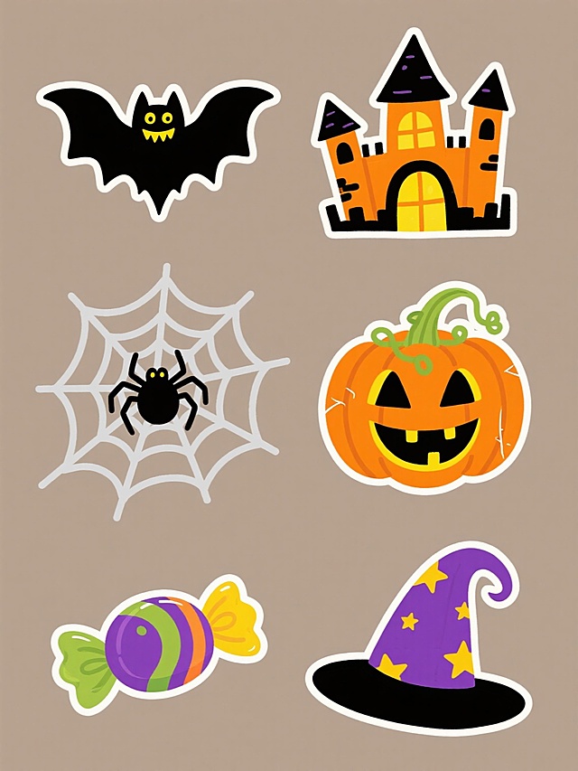 纯色背景上，以规整排布的方式呈现6个同风格同类目的万圣节元素系列素材集合，保持卡通手绘风格，线条简洁流畅，色彩明快鲜艳，整体画面色彩变换为橙黄色调。每个元素独立呈现，细节丰富：1. 蝙蝠：黑色身体，黄色眼睛，翅膀张开带有锯齿边缘，嘴角上扬露出尖牙；2. 城堡：黑色尖顶，橙色墙体，带有拱形窗户和塔楼，门口有南瓜灯装饰；3. 蜘蛛网：灰色丝线，中心有一只黑色蜘蛛，蛛网边缘有破损效果；4. 南瓜灯：橙色南瓜，黑色三角眼睛和牙齿，顶部有绿色藤蔓，内部透出黄色光芒；5. 糖果：彩色糖果造型，有紫色、绿色、黄色等，带有糖纸褶皱效果；6. 巫师帽：紫色帽子，黑色帽檐，顶部有弯曲的尖顶，帽身上有黄色星星图案。整体设计充满节日氛围，元素之间间距均匀，视觉层次分明，符合万圣节主题的欢快神秘感觉。