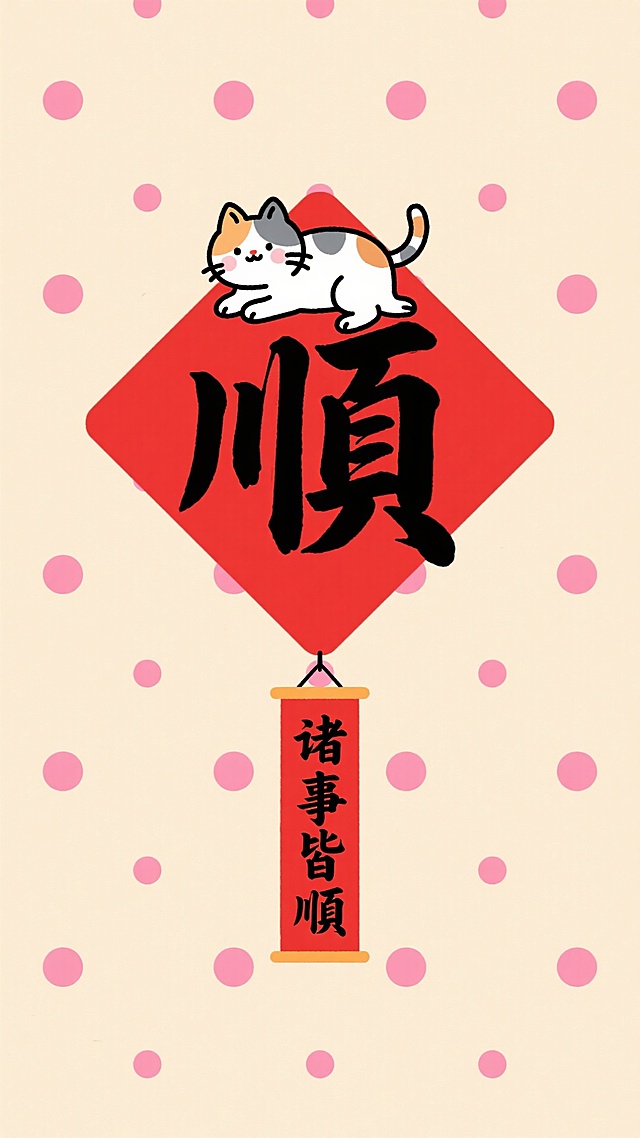 画面核心是一个红色菱形背景上的黑色书法风格“順”字，一只卡通小猫趴在“順”字上方，“順” 字下方悬挂着红色竖幅，写有“诸事皆順”，米黄背景点缀少量粉色波点。