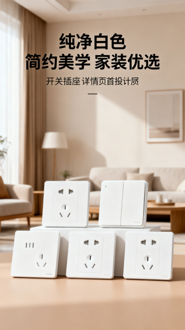 开关插座详情页首屏海报，参考模版风格，展示全系列白色开关插座产品，标题文案"纯净白色 简约美学 家装优选"，暖棕浅色调，干净简约的家居展示场景预览效果