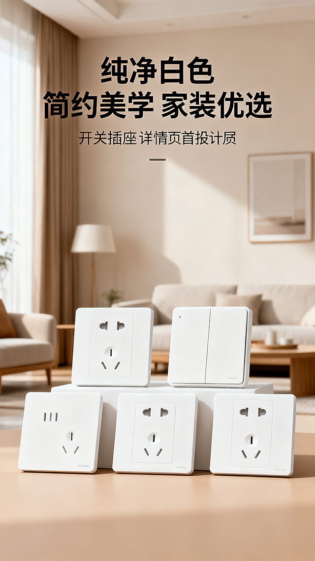 开关插座详情页首屏海报，参考模版风格，展示全系列白色开关插座产品，标题文案"纯净白色 简约美学 家装优选"，暖棕浅色调，干净简约的家居展示场景